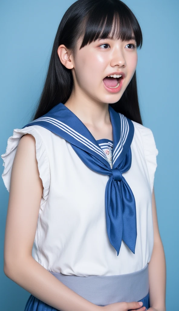(masterpiece,top-quality,超A high resolution),A Japanese Lady,Beginner girls、(Perfect limbs、perfect anatomia)、kawaii、onepiece、Pure white、Beautiful skin、Moist eyes、neat girl、Panchira、Alone、 14-year-old junior high school girl with long black hair wearing a school uniform, ahegao, lewd, nude, naked, wet tongue out, mouth open