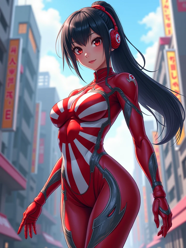 A girl wearing a Japanese Ultraman costume, black hair with twin tails, eye shadow, blue eyes, pink lipstick, blush, gentle face, silver and red patterns, red color timer, fighting stance, mid-chest, (miniature building street), (No mask costume required for the face)