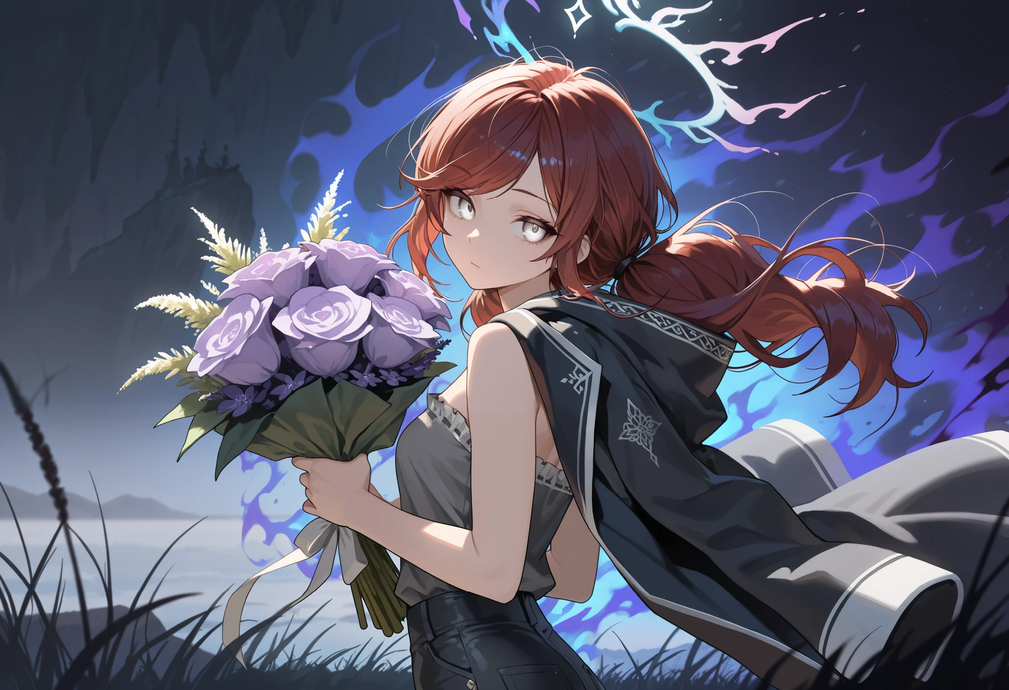 (masterpiece:1.2, Best Quality), (finely detailed beautiful eye: 1.2), (beautiful detailed face), (masterpiece:1.2, Best Quality), (finely detailed beautiful eye: 1.2), (beautiful detailed face), solo, close up,looking to the side, dark aura, dark energy, bristly hair, glowing eyes, dark aura, shadowy aura, upper body, thin girl, holding bouquet of purple flowers, expressionless, :l, Gray eyes, lifeless eyes, head tilt, dark red hair, swept bangs, low twin tails, white ribbons, strapless sleeveless shirt, gray shirt, shirt with white trim, frill trim, black coat worn over shoulders, black jeans, black nails, thin thighs, thin legs, sea in distance, shimmering sea, tall grass, atop cliff, close up, messy hair, stoic, shadowy aura,