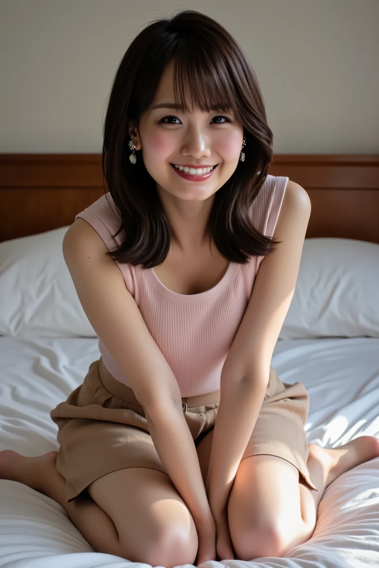 ((( High Resolution , top quality, very well detailed, masterpiece , highly detailed photos , realistic , Real people , Ultra precise skin ))) , , ( from the front ) , full body , Advance Shot , Viewer , ( giggle face ) , { wearing the sleeveless T-shirt and mini-skirt : 1.8 } , black hair , medium hair , medium breasts , { focus on the pubic area between the legs : 1.8 } , the dark hours of dawn , (( tuck hair behind the ear : 1.8)) , { nsfw , open legs ,squatting } , On the bed