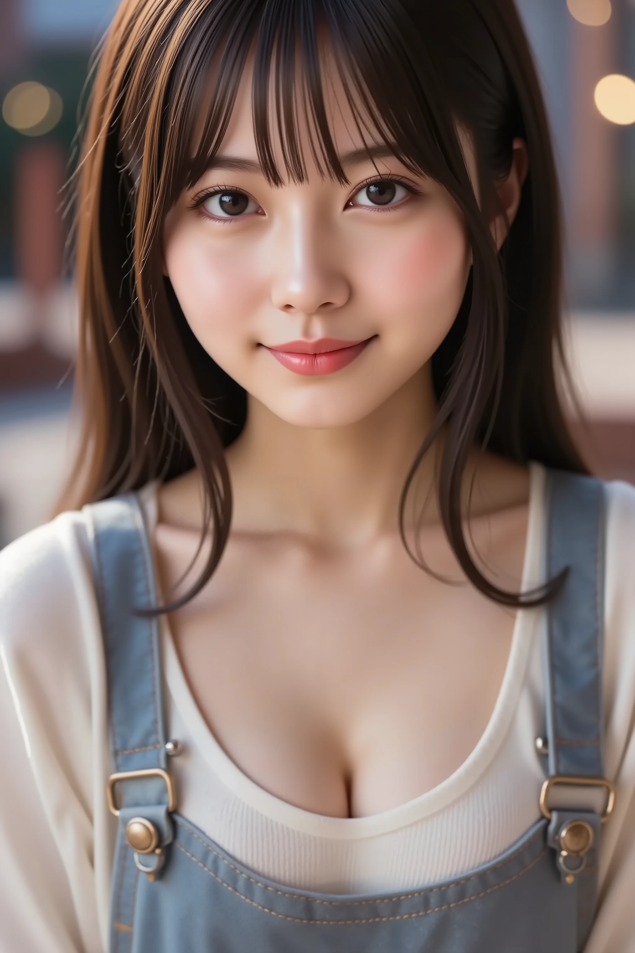 with the face positioned accurately in the center of the image, Upper chest,  fine, clean skin、head is fully reflected with tight tension, face is clearly visible as a full body shot, overalls,  night background、long black hair around my chest, Bangs, smile, young and cute Japanese face, Official Art, high image quality CG Unity 8k wallpaper, Ultra high image quality, Very Detailed, high image quality, Filmgrain, lens flare glow, top quality, 8k, as a portrait shoot, 8k, viewer,  masterpiece, top quality, Very Detailed,  it's cute, sexy, Very Detailedな, Detailed Features , beautiful, beautiful Japanese woman,  Women&#39;s 1, Tight chest