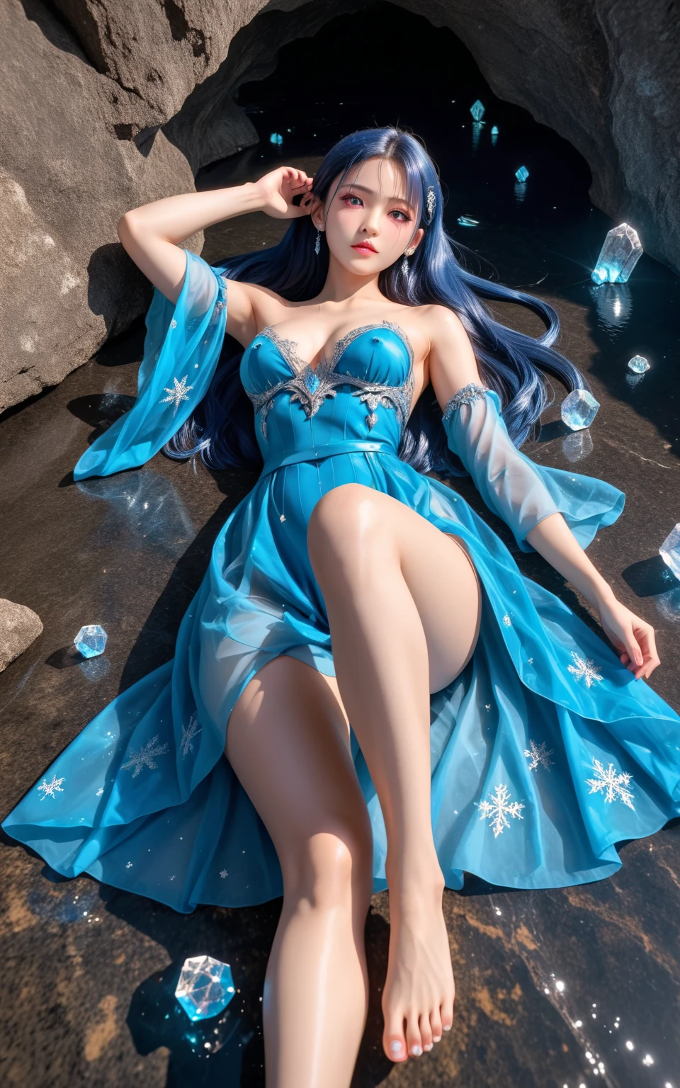 cute redhead with rainbow colored hair tips, 18-year-old woman, happy, smiling, in twin tails, perfect blue eyes, pale goth skin, silky smooth skin, standing on a space ship, deep space, dark lighting, wearing a pastel blue (sheer) nightgown, frilly chemise nightgown, cute white panties and bra underneath her nightgown, panties showing, wearing full body pantyhose.