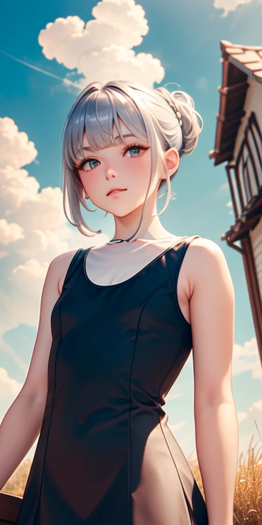 (masterpiece: 1.2, Highest quality), (Actual Photos, Intricate details), 1. woman, alone, Upper Body, casual, Shoulder-length hair, Minimal makeup, Natural materials, Face close-up, smile, Home, Gray Hair, blue eyes, Shoulder Bare、ponytail、(White swimsuit)、(From the waist up).