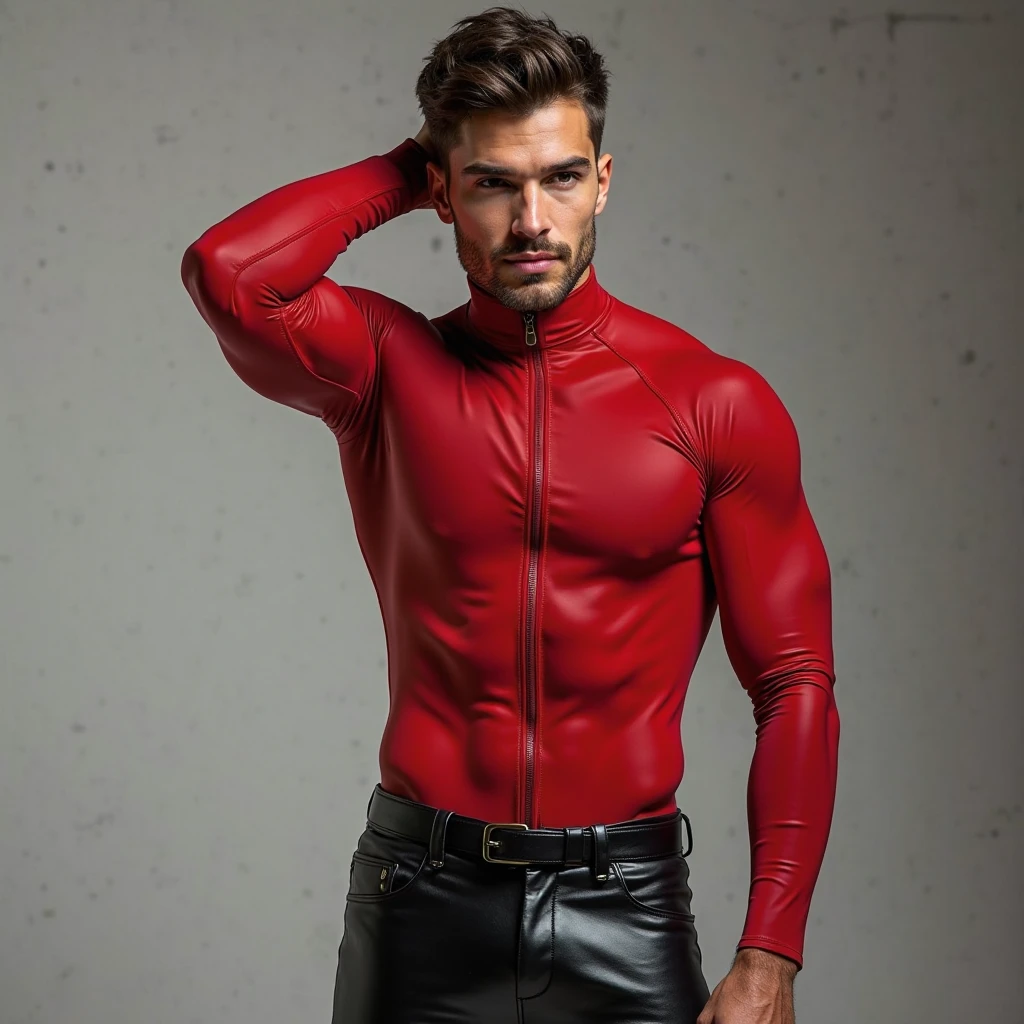 1boy, (Blue Eyes), happy smile,caucasian boy,18 years old,young, slim body, slender, skinny body build, child-like, twink, narrow hips, big ass, pronounced crotch bulge (Best Quality, 8k, Masterpiece: 1.3), Clear Focus: 1.2, Perfect Body virile: 1.4 , Slender Abs: 1.2, Wet Body: 1.5 , Highly detailed face and skin texture, detailed eyes, double eyelids, big upper lip,(blonde spiked hair), (black leather speedo and leather wrist cuffs, (red printed jacket), standing on a race track, with cars in the background, (Long Shot),pale skin, pink nipples, skinny, good lighting, very pale skin, light skin, model with attractive body,,big bulge and big butts,(Best quality, 8k, Masterpiece). High Detail , , superior quality, natural lighting, beautiful, sexy, correct anatomy, good composition,realistic shapes, realistic skin tones,Natural eyes,realistic eyes,looking up at viewer,vpl,realistic muscles,Realistic wrinkles on the skin,Realistic arms and legs,Realistic face,realistic hair,Make a sexy and seductive face, man focus,amazing composition, front view, HDR, volumetric lighting, ultra quality, elegant,Post a erotic photoshoot,Realistic pose,detailed hair,full body,Fujifilm XT3 photorealistic art by midjourney