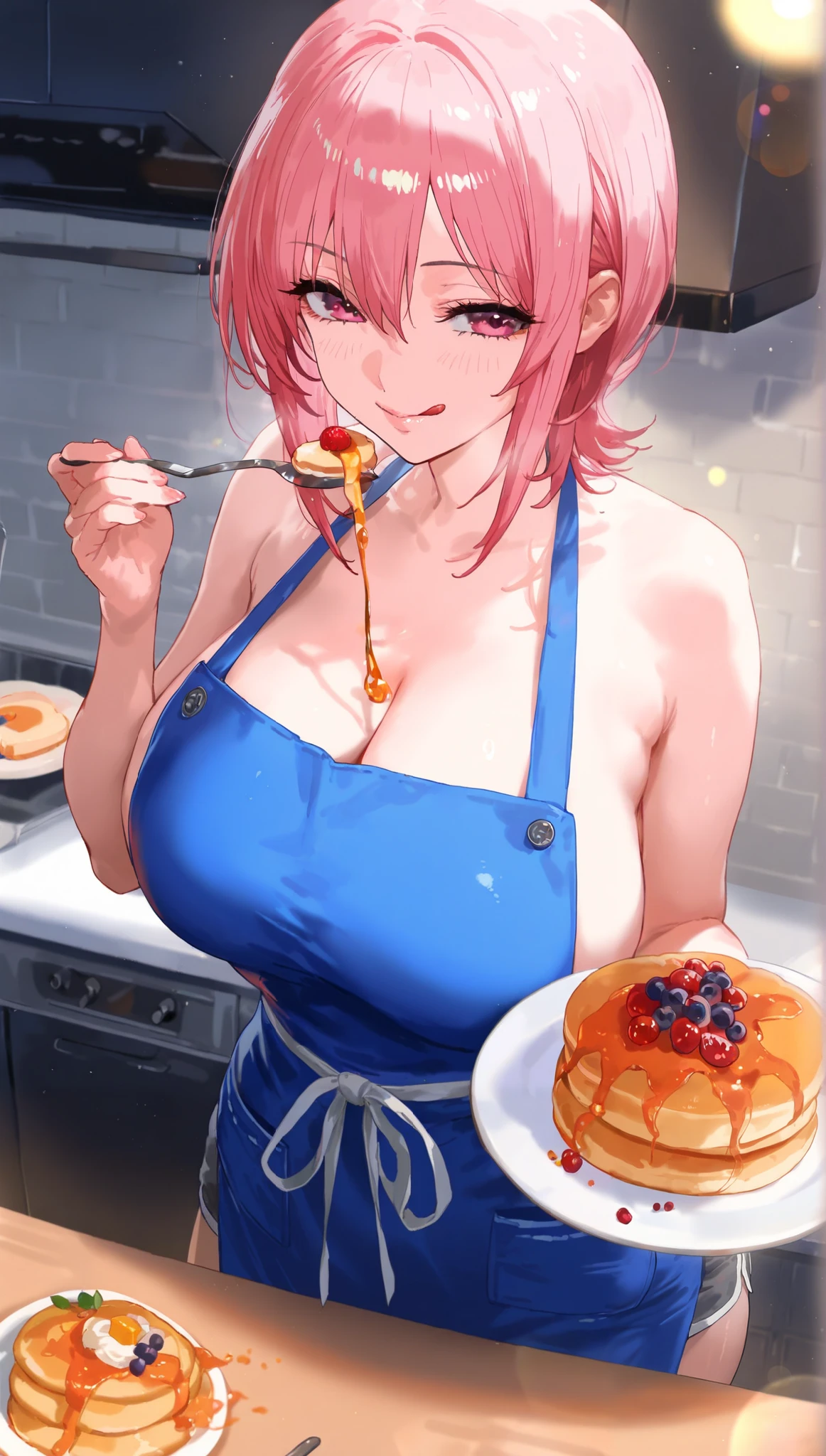 illustration , dramatic lighting , masterpiece , best quality , ultra-detailed , photorealistic depiction a wife serving pancake . The character smiles seductively and licking her lips to catch the maple syrup , body covered in maple syrup, kitchen table, the kitchen is full of fruits and others kitchen groceries , her pose lewd with slightly askew apron and shirt,cleavage , seductive pink eyes and pink hair . tall and perfect bodied woman, big breast, . colorful lighting, full of pancakes and berries, the setting is very bright and colorful, sunset lights, lensflare, pancake day. (cowboy shot)