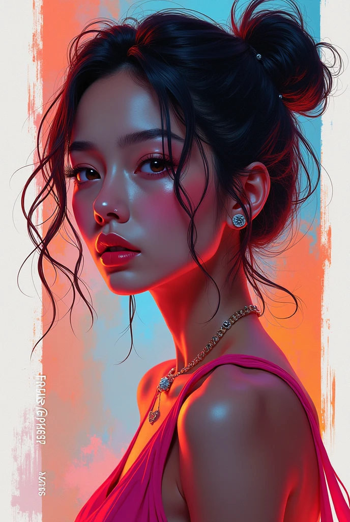 samdoesarts; award winning half body portrait of a beautiful woman in a croptop and cargo pants, paint splashes, hair in a bun, splatter, outrun, vaporware,  digital art, trending on artstation, highly detailed, fine detail, intricate