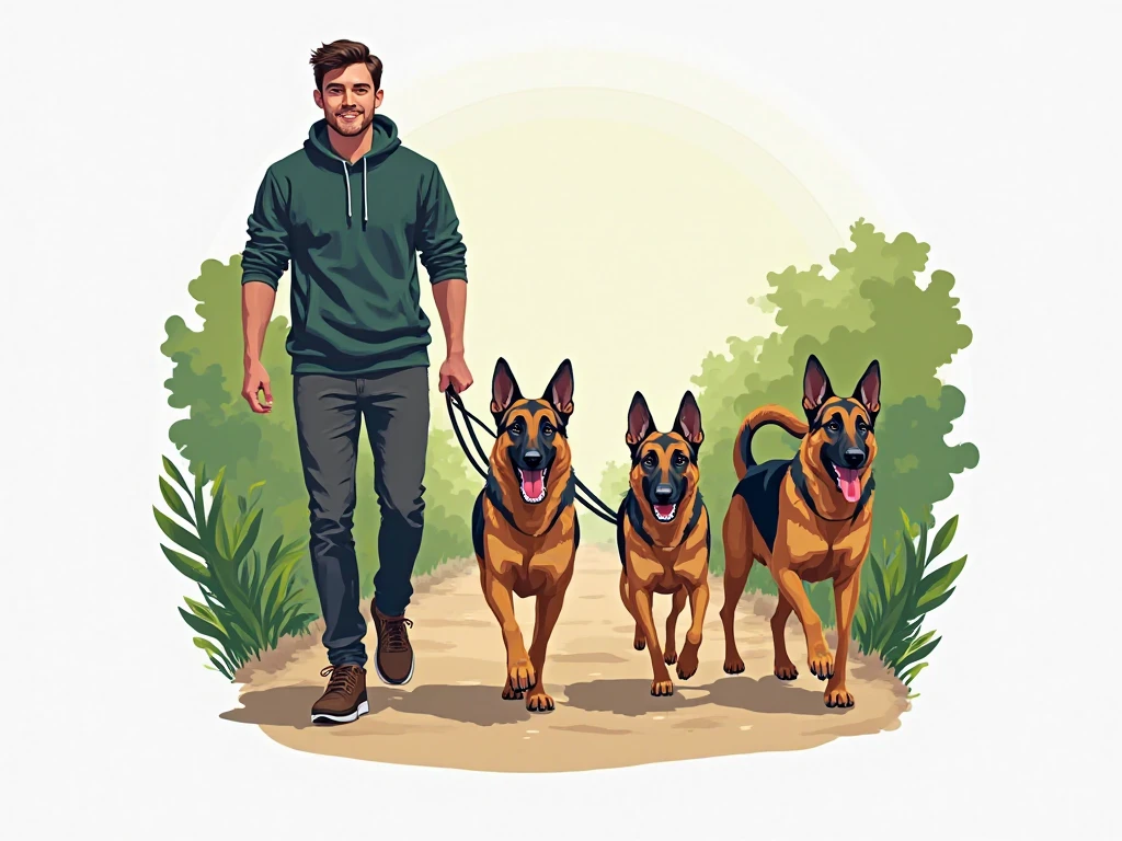 Dog walker logo, German shepherd or Belgian shepherd Malinois, dogs walking on a leash, walker job, healthy dogs, canine trainer