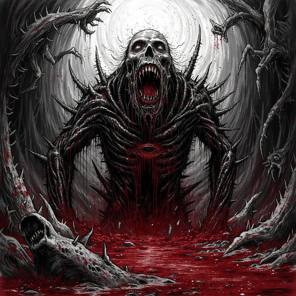 portrait of the most beautiful form of chaos, elegant, a brutalist designed, vivid colours, romanticism, by apterus, (apterus creepy anatomy:1.3), ((ahegao)), rolling_eyes, ((head down)), an evil girl bathing in a pool of blood, sharp teeth, maniacal laughter, ((decay and spooky)), atmospheric, trending on artstation. 8 k masterpiece, ((symmetry)), death, decay, vengeful japanese ghost, spooky dark village