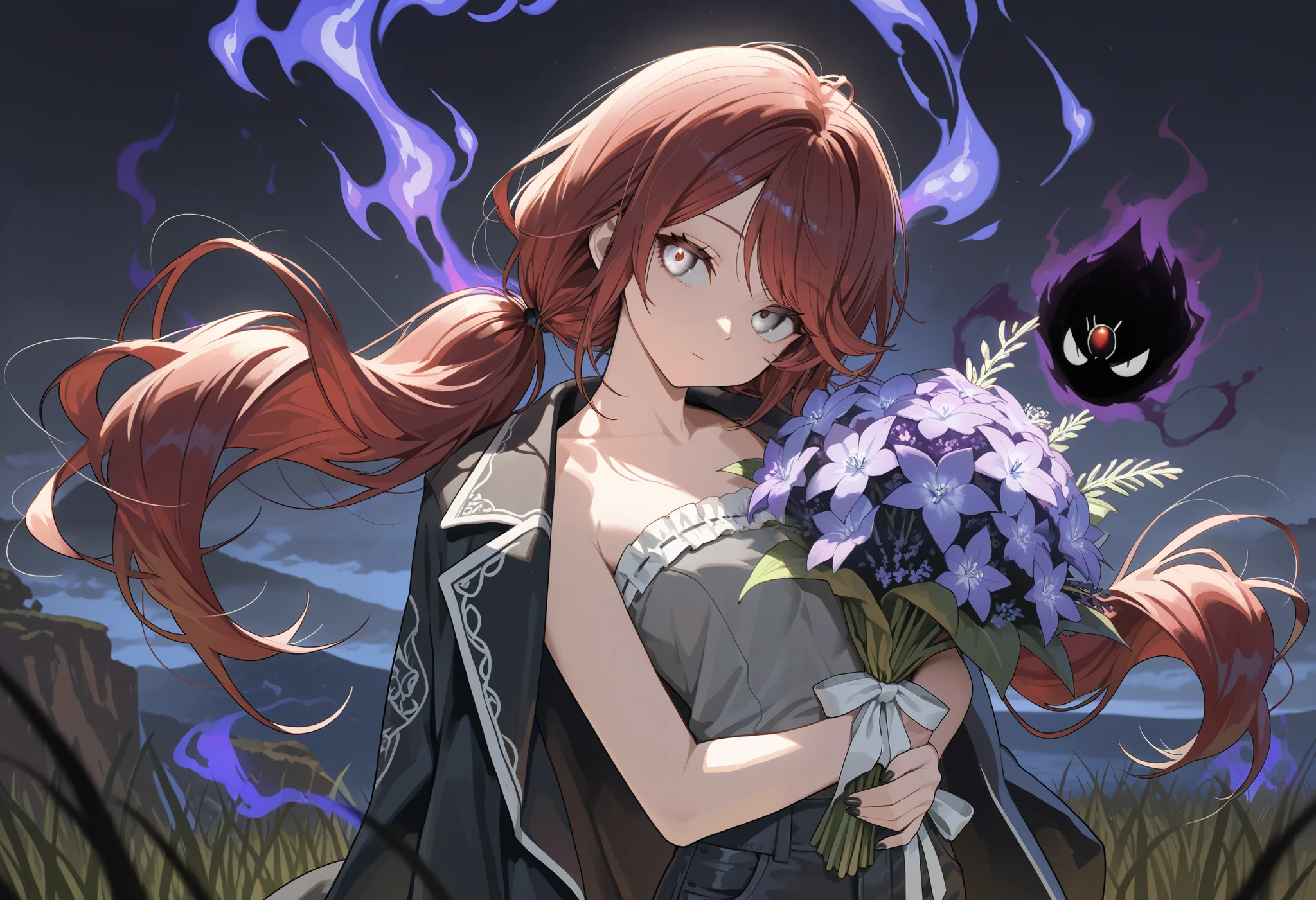 (masterpiece:1.2, Best Quality), (finely detailed beautiful eye: 1.2), (beautiful detailed face), (masterpiece:1.2, Best Quality), (finely detailed beautiful eye: 1.2), (beautiful detailed face), solo, close up,looking to the side, dark aura, dark energy, bristly hair, glowing eyes, dark aura, shadowy aura, upper body, thin girl, holding bouquet of purple flowers, expressionless, :l, Gray eyes, lifeless eyes, head tilt, dark red hair, swept bangs, low twin tails, white ribbons, strapless sleeveless shirt, gray shirt, shirt with white trim, frill trim, black coat worn over shoulders, black jeans, black nails, thin thighs, thin legs, sea in distance, shimmering sea, tall grass, atop cliff, close up, messy hair, stoic, shadowy aura,