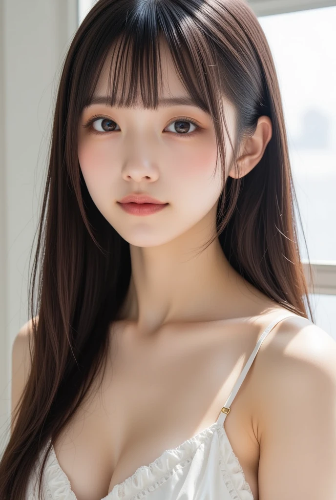 masutepiece, Best Quality, 8K, 8ars old, Teen, Raw photo, absurderes, award winning portrait, Smile, Solo, Idol face, Delicate girl, Upper body, Digital SLR, Looking at Viewer, Candid, Sophisticated,Thin arms, Professional Lighting, Film grain, chromatic abberation, (Eyes and faces with detailed:1.0), (Bokeh:1.1) , (Neat and sheer nightgown:1.1) , closes mouth , A dark-haired , drooing eyes , large full breasts , (Thick lip:1.2) , 15ear facered-lips , de pele branca