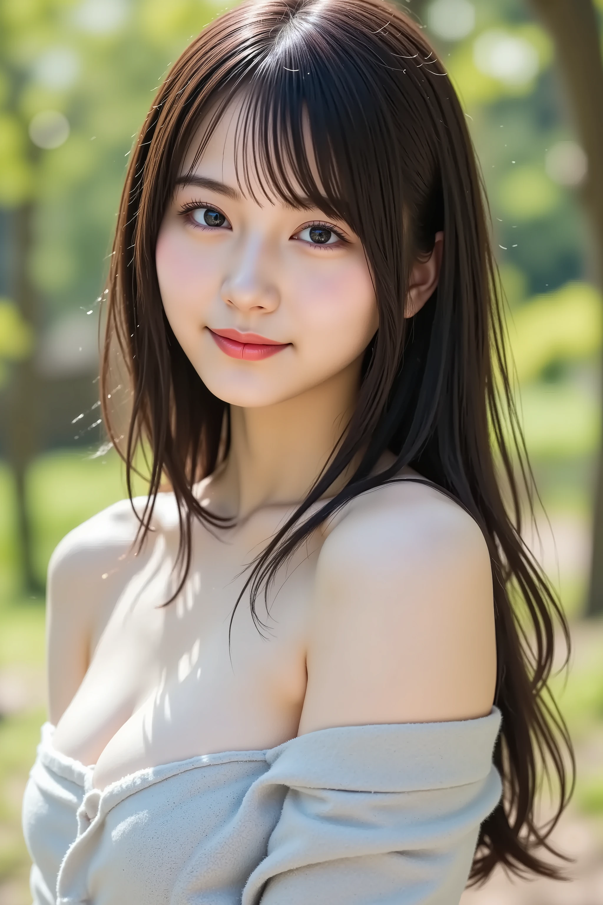 masterpiece, with the face positioned accurately in the center of the image, fine, clean skin、overalls, Forest Background、long black hair, Bangs, smile, 8k, Tight chest