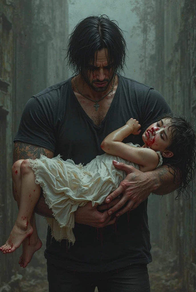 a very tall and muscular lumberjack with a red plaid shirt , blood on lips, man with a big beard , he has a sad look, scar on right eye, he holds his daughter in his arms. Village scenery in flames.