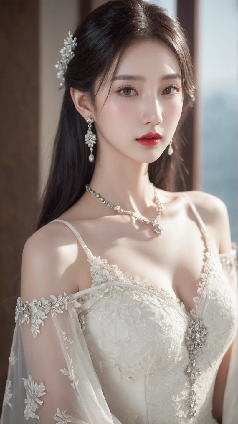 Top of the line CG, highest image quality, masterpiece, exquisite and delicate beautiful girl, (185cm beautiful woman), (tall and slender figure), imperial sister, queen temperament, fair skin, ((long legs)), perfect facial features, bright eyes, seductive posture, red lips, beautiful and cold (big breaks)), beautiful and heroic, soft and long hair, sparkling, lace edge, mesh, visible skin through perspective, wearing glasses, diamond earrings, ruby necklace, (evening dress), 8k image quality, (realistic portrait), characters fill the screen, (Facial lighting), ((Standing)