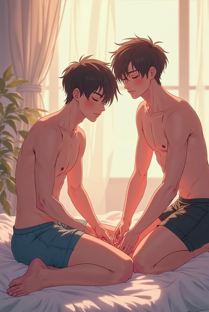 (masterpiece, best quality:1.2), highly detailed, highres, nsfw, 1 boy, submissive expression, indoors, bokeh, blowjob's
