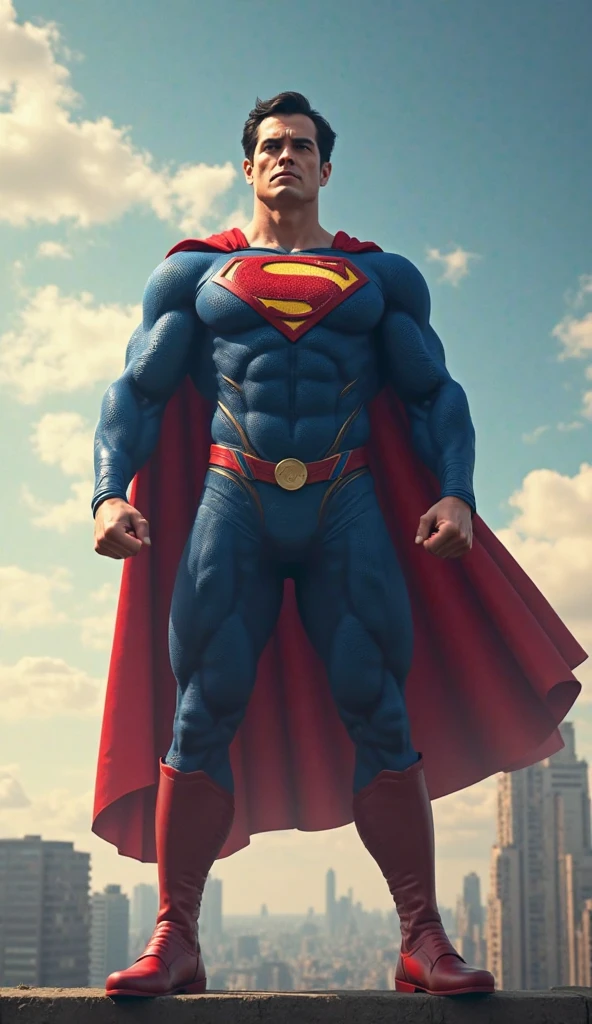 GuttonerdVision4, a 3-year-old boy wearing glasses, detailed skin, detailed face, pores, whole body in the scene, wearing Superman's uniform in the center of the image posing for the photographer. The outfit is detailed with its logo on its chest and red cape fluttering its back. The outfit is from the movie "Man of steel". The man is standing in mid-air with his cloak fluttering, having the city below him blurry. The lighting is cinematic, and the scene very detailed in UHD. Photorealism is the trend of this award-winning photography.