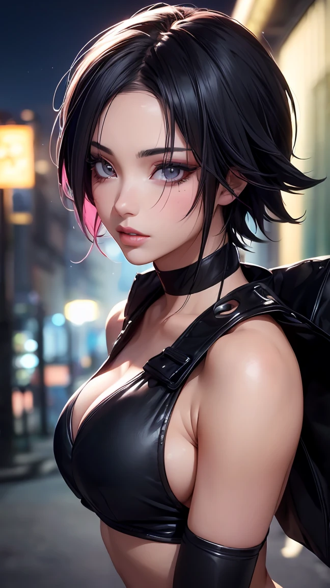 detailed portrait of a beautiful woman, 1girl, (AngelMS:1.4), midriff, looking at viewer, (cleavage), cropped jacket, best quality, 4k, 8k, highres, masterpiece:1.2, ultra-detailed, URBAN SAMURAI,holding a dagger each hand, fullbody shot