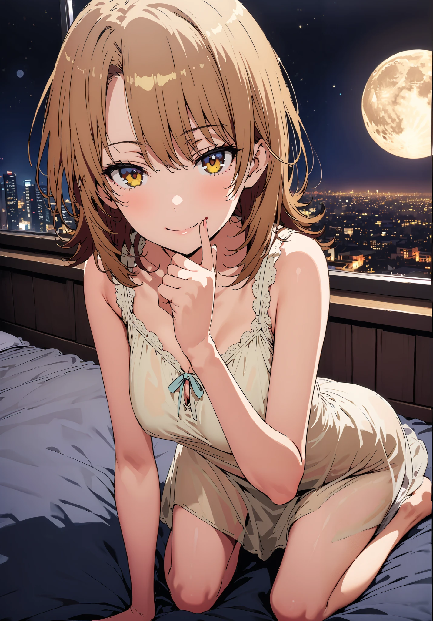 Irohaisshiki, Isshiki Iroha , short hair, black cock, brown eyes,narrow your eyes,Medium breast,Chest Valley,smile,close your mouth,Yellow see-through nightgown, sleeveless,yellow string panties, Bare legs,bed,Interior,moon,mysterious, beautiful night view with depth,Beautiful cityscape,full bodyがイラストに入るように,break indoors, bedroom,
break looking at viewer,full body,
break (masterpiece:1.2),best quality , kampala, Unity 8K Wallpaper ,(shape:0.8),( fine, beautiful eyes :1.6),It's a person ,full body写真,CG Details , (perfect hands,complete anatomy),