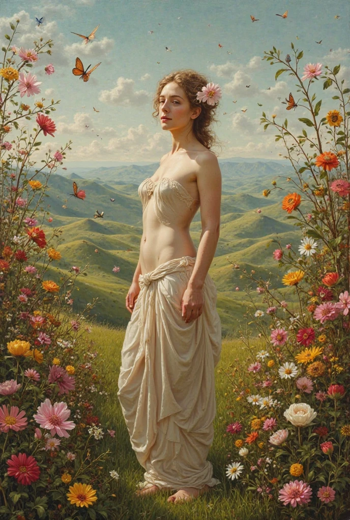Image of a naked woman {touching her va*ina}, portrayed in a lush oil painting style with dynamic, rich strokes and a palpable thickness of paint evoking a sense of movement, set against a beautifully rendered vineyard bathed in golden sunlight. The composition merges historical elegance with contemporary sensuality, emphasizing the graceful curves and form of the body, while the background features sprawling grapevines and soft hills that add depth and warmth, creating an inviting and harmonious atmosphere.