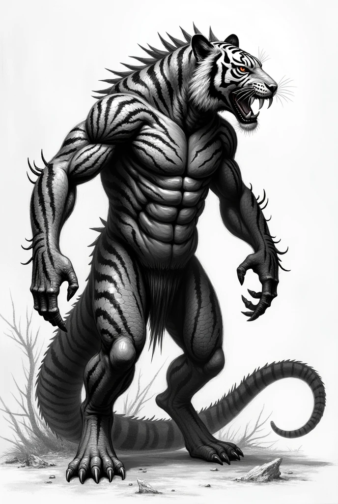 Make a white tiger standing half spotted man and half tiger showing sharp claws and arms crossed in 2d