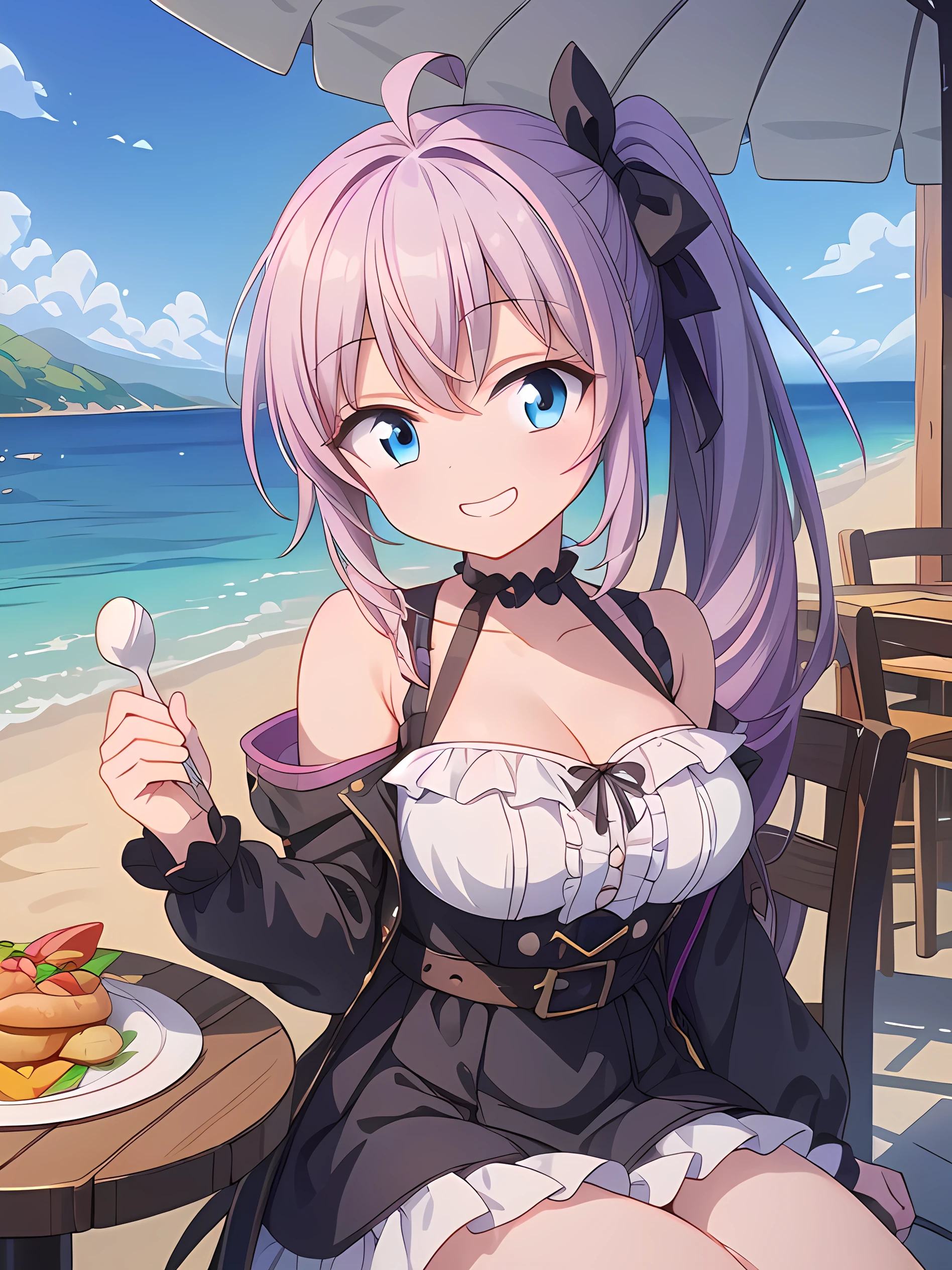 (perky chest:1.2), (pointed chest:1.2),(icecream magazine cover:1.3),(from above:1.2),(shoot from the side:1.1),(((Black Tunic:1.3))),(((cakes and bread in the basket),a 23yo Cute and beautiful girl,masterpiece、highest quality、Very detailed、Beautiful fine details、Detailed landscape、Braided Ponytail、Red camisole、((B cup breasts, Tank top showing underboob:1.0)), thigh strap, bangs, necktie, earrings, nail polish, fishnet pantyhose, silver hair, looking at viewer, full body, bottle, own hands together, belt, food, ring, choker, english text paper:1.2, collared shirt, blue eyes, hat,lace-up boots ,
