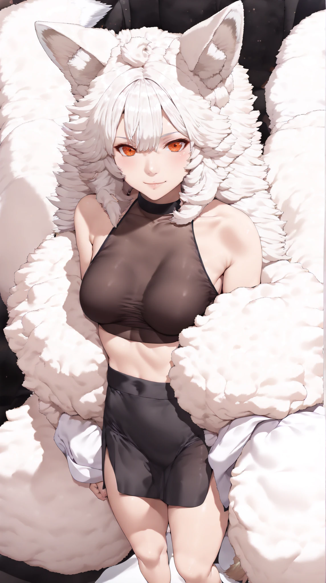 (female): solo, (perfect face), (detailed outfit), (20 years old), woman with fox ears, multiple tails, short white hair, wolf-cut hairstyle, medium sized breasts, (naked), topless, athletic body, soft abs, (effects): (masterpiece), (best quality), (sharp focus), (perfect hands), (perfect eyes)