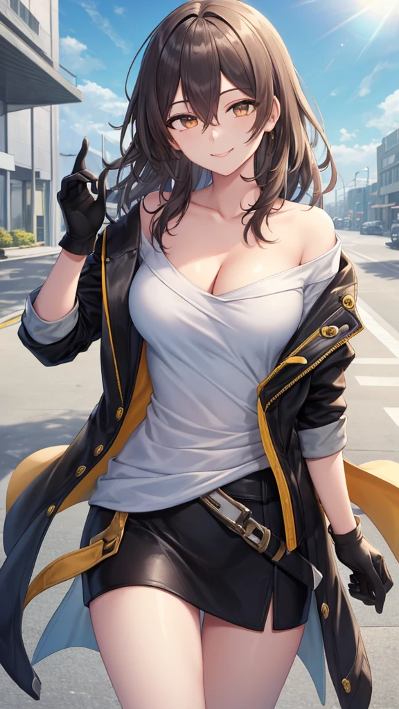 (depicting a single moment from a manga), (hand-drawn), angle from below, realistic skin, (eyes realistic sizing, hair up, twin tails, loose-fitting jacket with standing-collar, showing off her super detailed lace panties), in the village, dark hour of down, (smile), put her hands on her hip,