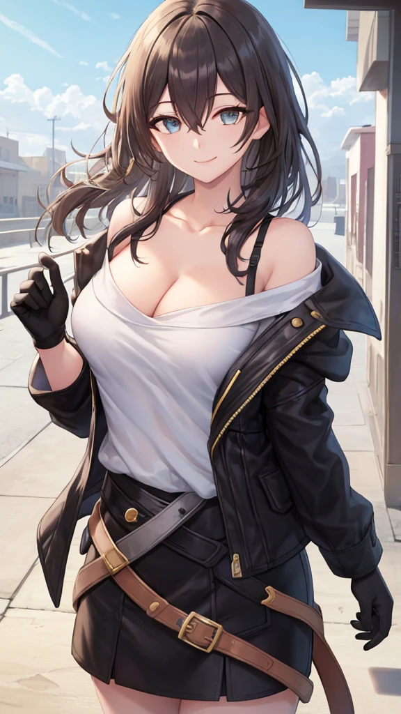 masterpiece, Highest quality, whole body, One girl, bangs,Brown Hair、From the waist up、Brown sleeveless、Brown sleeveless sweater、Wearing a black jacket、20-year-old woman、Long Hair、bangsはなし、Chest cutout、Cleavage