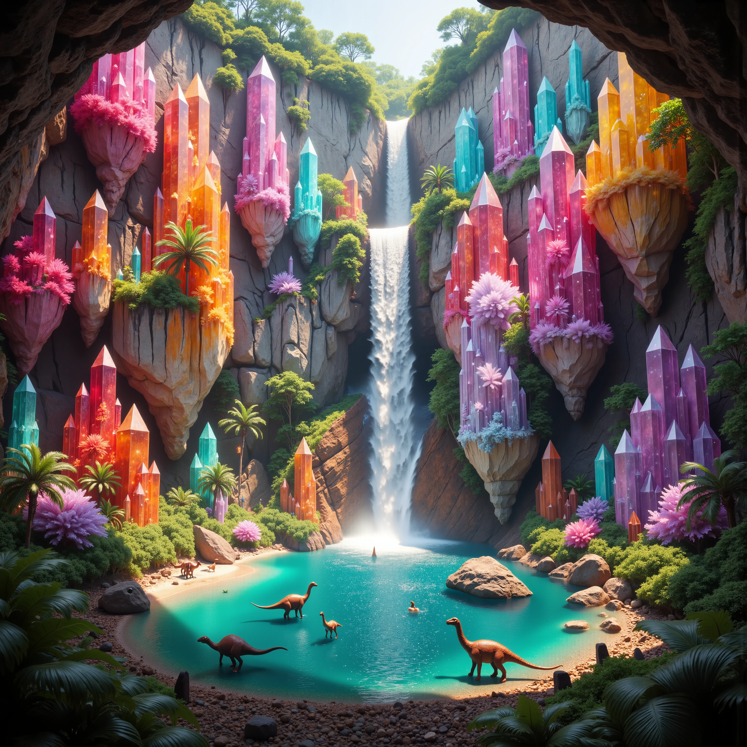 . A cliff that is 300 feet tall made up of gigantic quartz crystal points that are multicolored translucent pillars in a tropical rainforest. In the middle of these skyscraper sized quartz crystals is an incredible gushing cascading waterfall that pours into a beautiful lagoon that is lined with smaller quartz crystals 20 to 40 feet tall. In hues of Pink, Red, Orange, Yellow, Green, Blue, and purple, there are hundreds of quartz crystal formations pointing up and making up the walls of the inside of the cliff and protruding from the perimeter of the lagoon. Be sure that they are partially translucent and radiate color in the bright full sunlight.  In this Full Sunlight we see dinosaurs  down in the lagoon drinking.  There are hundreds of giant quartz crystals in and on the cliffs, in the inside edges of the lagoon, and around the waterfall. Dinosaurs' eyes are calm and clear.  No red eyes! No glowing eyes! There are other animals and birds everywhere. Giant insects are all over the place, too. Prehistoric life in its natural form. A jungle with life in every direction. Anatomically Correct Size and Proportion of the dinosaurs. Breathtakingly beautiful, stunning, Awe Inspiring, An Awesome Site! If you get it right!  8K Octane, Action Painting, Cinematic, Cinematography, Conceptual Art, Digital Art, Fujicolor, Ultra-realistic Photorealistic, Portrait Photography, Surrealism, Unreal Engine, Sparkle on crystals, Cinematic Lighting, Glowing Light, Reflection Light, Ray Tracing, God Rays, Perspective: up close, macro photography,  Ultra bloody and gorey, UHD, Super Detailed, Best Quality,  Award Winning, Masterpiece