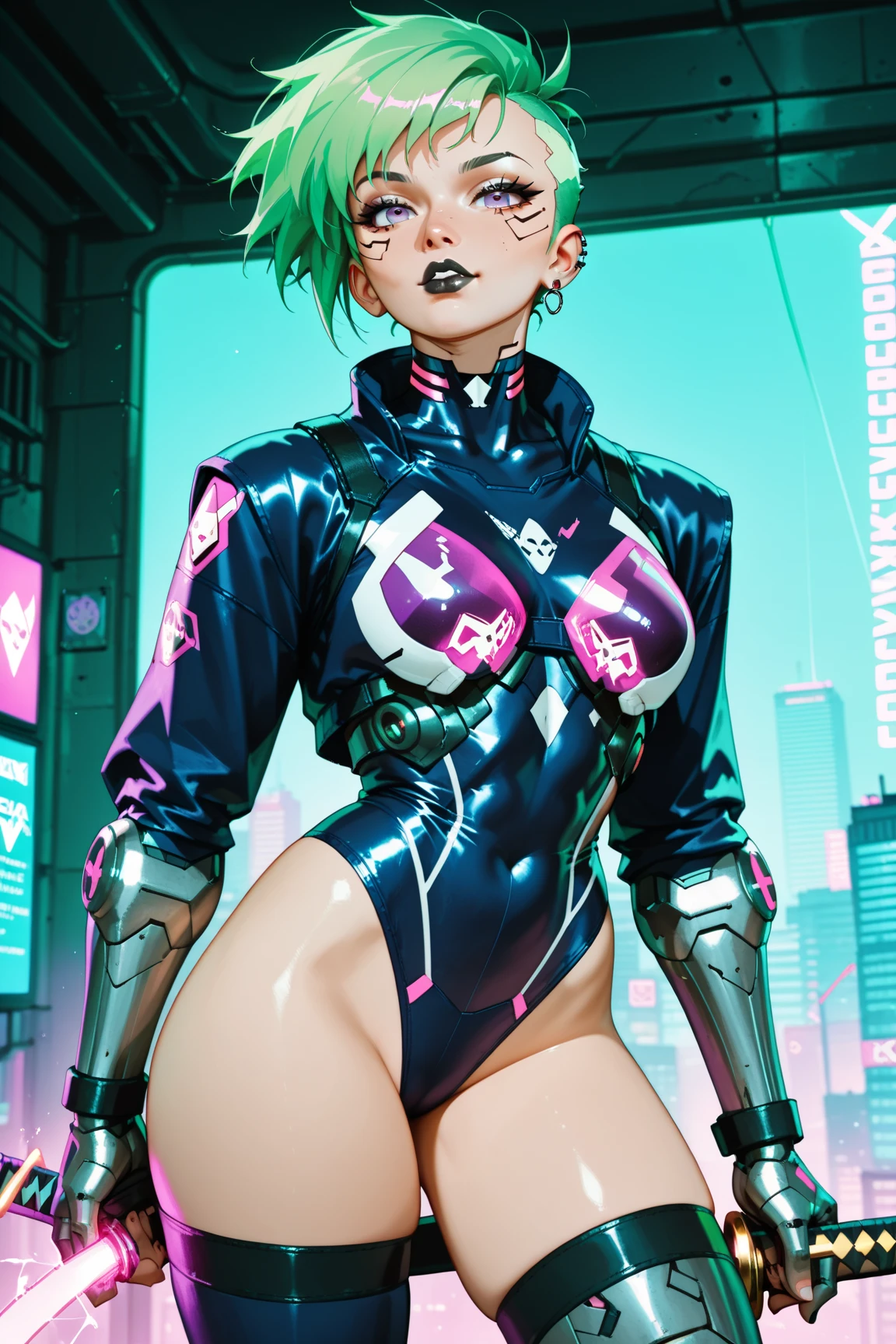 sporty girl with Asian features,(((1girl))),((girl with dark hair and turquoise highlights,)),(asian girl),
(large breasts:1.4),saggy breastlack hair with turquoise streaks:1.35,straight hair,long hair:1.4,colored inner hair,ear breathing))),((heterochromia:1.5, (pink_eye and aqua_eye))),((fat)),(((lustrous skin:1.5,bright skin: 1.5,skin tanned,shiny skin,very shiny skin,shiny body,plastic glitter skin,exaggerated shiny skin,illuminated skin, wet legs))),(spider lower abdomen,narrow waist,wide hip,athletic body,inflated legs,detailed body,(detailed face)),
cute,slutty,seductive,erotic,(((nsfw))),
zettai ryouiki,((one-piece_swimsuit magenta,wearing a one-piece_swimsuit outfit:1.3,swimsuit type spacesuit,magenta armor swimsuit:1.3)),(rgb headphones:1.5),((wet clothes,intricate outfit,intricate clothes)),
(dynamic pose:1.0),embarrassed,(centered,scale to fit dimensions,Rule of thirds),
cyberpunk city by the ocean at night, with bright neon signs and dark stormy clouds and puddles, scenery:1.25,
artistic photography,(photography taken by sldr),highres, sharp focus, (ultra detailed, extremely detailed), (photorealistic artwork:1.37),(extremely detailed CG unity 8k wallpaper),((synthwave background theme)),(((vibrant colors))),(intricate background),(masterpiece),(best quality),