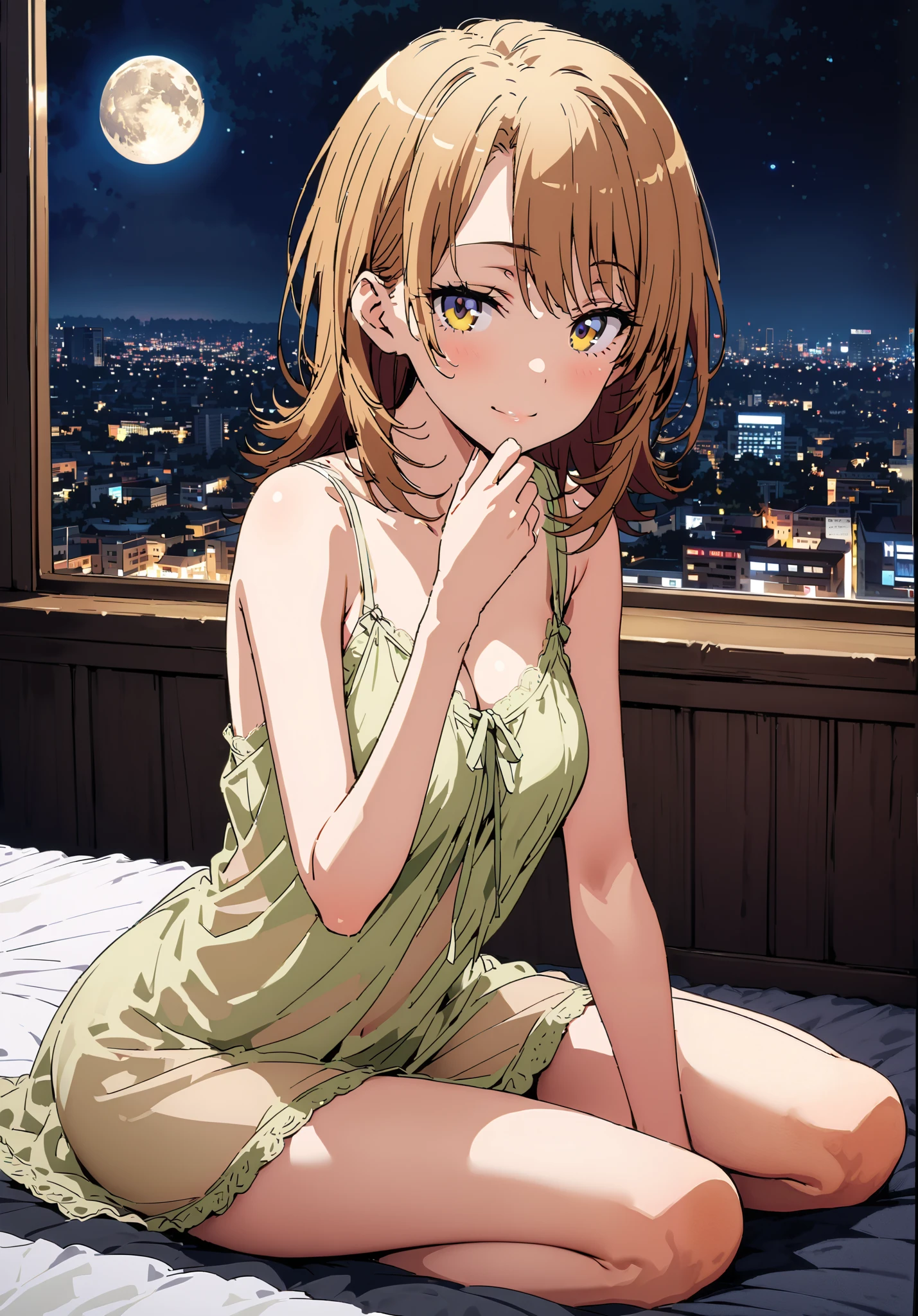 Irohaisshiki, Isshiki Iroha , short hair, black cock, brown eyes,narrow your eyes,Medium breast,Chest Valley,smile,close your mouth,Yellow see-through nightgown, sleeveless,yellow string panties, Bare legs,bed,Interior,moon,mysterious, beautiful night view with depth,Beautiful cityscape,full bodyがイラストに入るように,break indoors, bedroom,
break looking at viewer,full body,
break (masterpiece:1.2),best quality , kampala, Unity 8K Wallpaper ,(shape:0.8),( fine, beautiful eyes :1.6),It's a person ,full body写真,CG Details , (perfect hands,complete anatomy),