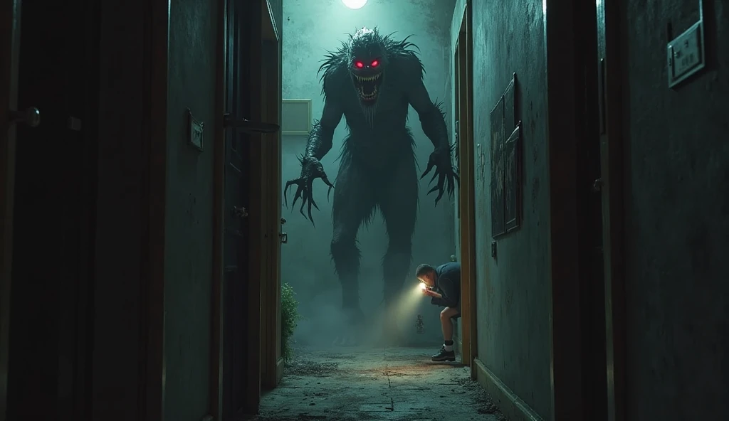 A prisoner, drenched in sweat and clutching a walkie-talkie, stands in horror as a monstrous figure with blood-soaked claws lurks just behind him. The prison cell is bathed in darkness, with only the faintest, eerie light casting long, distorted shadows. Blood splatters the walls, and the air is thick with the stench of decay and fear. The atmosphere is overwhelmingly oppressive, with a focus on the sense of impending doom. Style: dark, nasty, horror. The scene is rendered in deep, gloomy tones with intense contrasts. High detail and resolution.