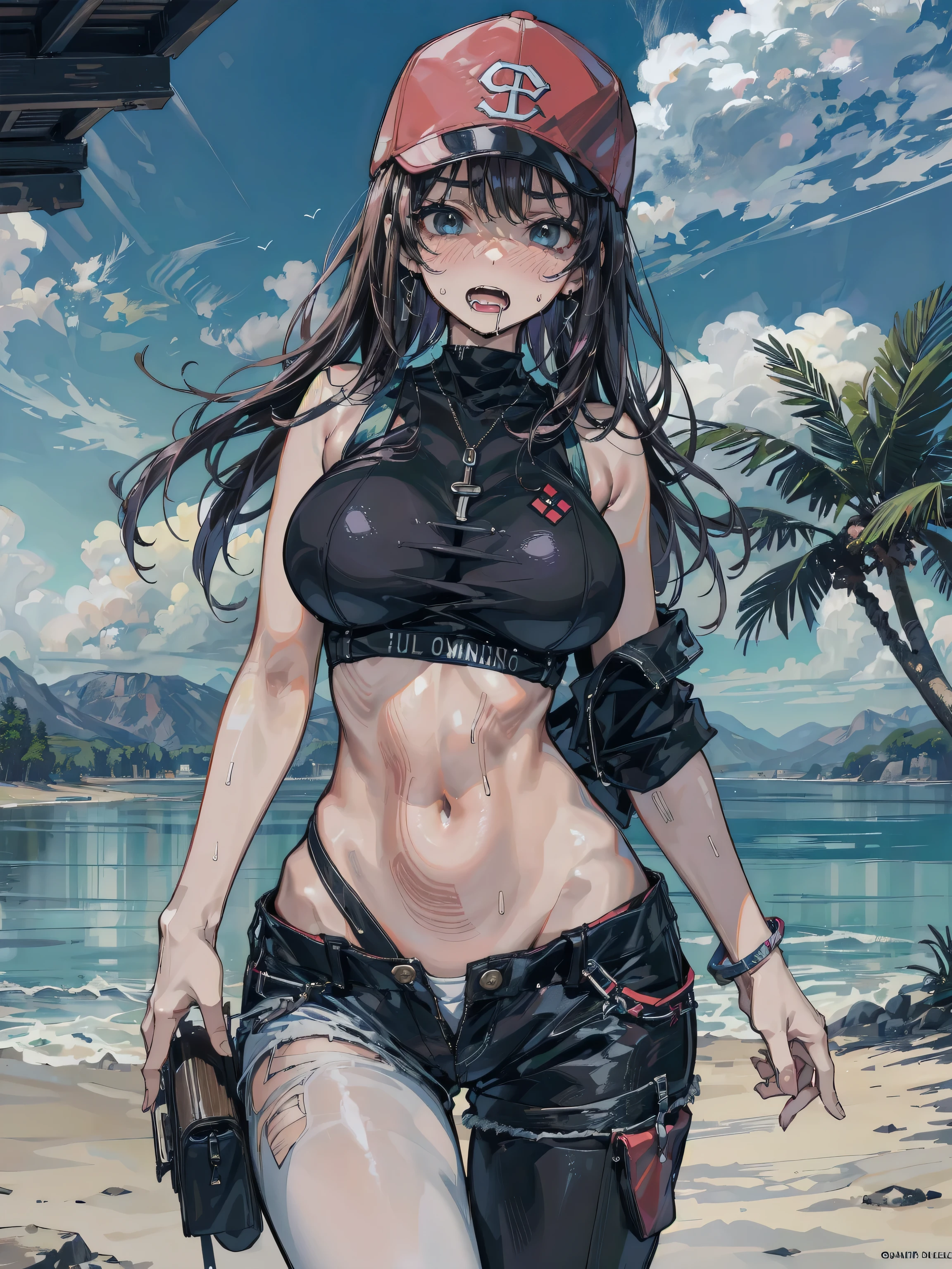 masterpiece, amazing quality, best quality, high resolution, 4K, 8K, UHD, Ukiyoe art styles, by rella, by Yoneyama Mai, by Tsukimaro 1 embarrassed woman at the beach, trendy bikini, handcuffed by police, hands behind back, bondage