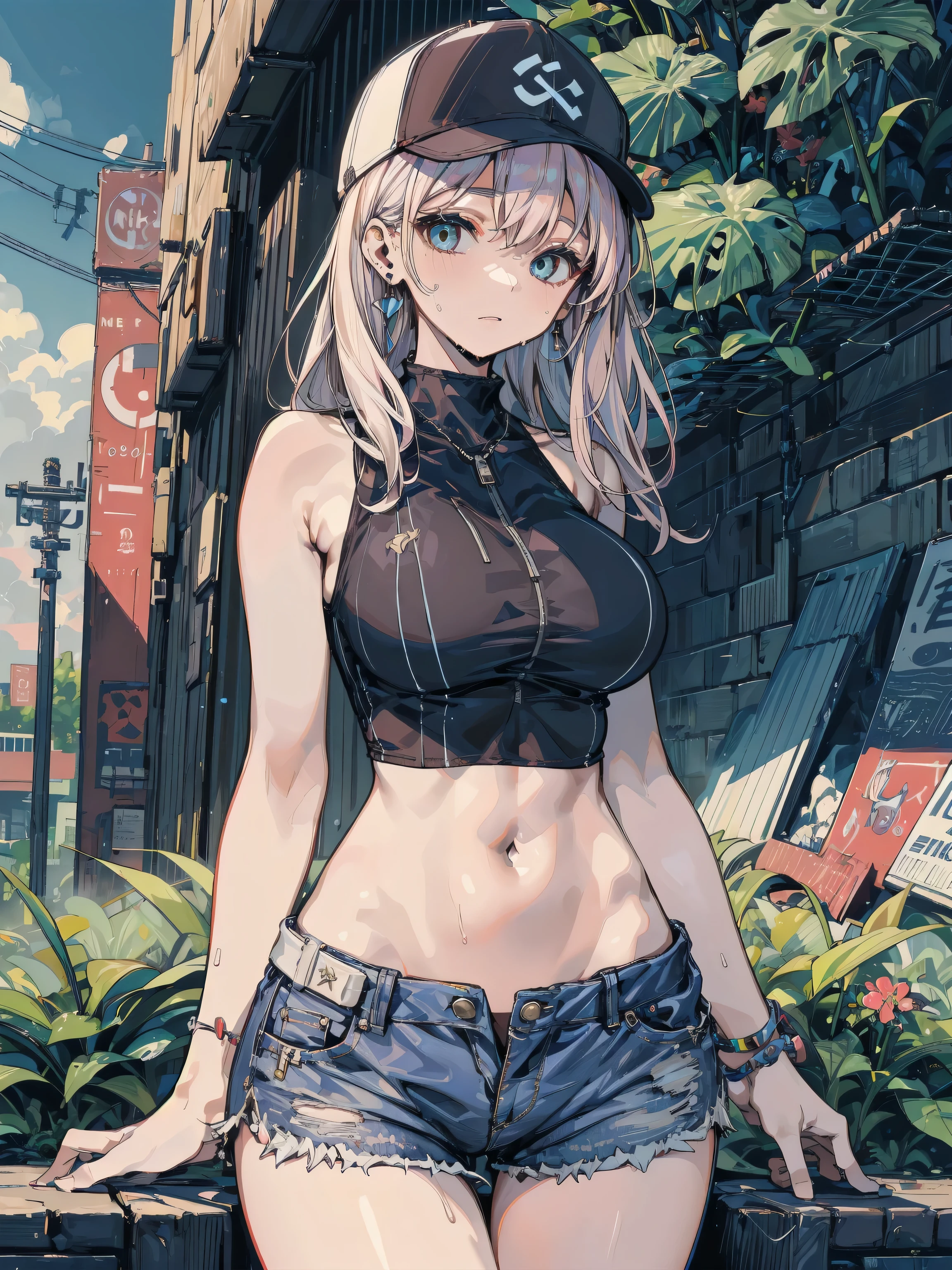 Huge breasts)),Short Bob,((Blonde,blue eyes)), Dawn, sunlight, (Perfect body : 1.0), collar, Lock, Full Body Shot, Long, slender legs, Wearing a black tank top, Jeans jacket, ((Tight denim mini skirt)),(masterpiece), (Highest quality:1.0), (ultra High resolution:1.0), Beautiful lighting , Perfect Lightning,Realistic Shadows, [High resolution], Detailed skin, Very detailed,Put your arms behind your head, Big Breasts, Anime Style