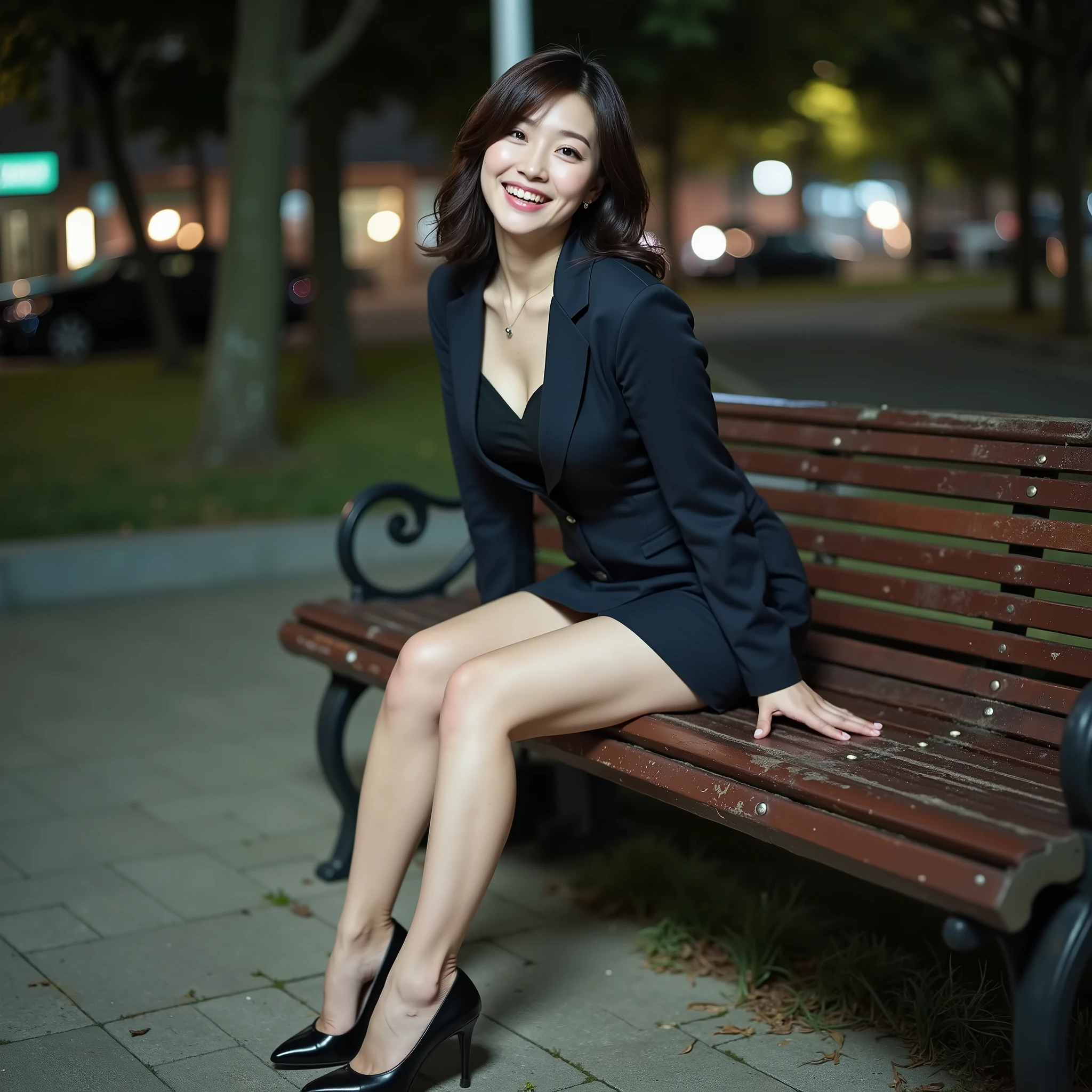 『1 personの日本人の女の子:1.3』『realフォト:1.3』best quality:1.2、((Saggy big breasts、slender figure))、slightly visible cleavage、(( 40 year old woman))、Beautifully shaped belly button 、not wearing makeup『Laughing with teeth:1.9』、(((anatomically correct、perfect anatomy、anatomically correct指)))、realistic, best quality, 超high resolution, RAW photo, (Curvy body)、lean forward、best quality 、 masterpiece 、 real 、 high resolution 、 8k RAW photo 、 One person 、 1 person 、 Medium Long Hair、sit on a bench、slim figure、spread your legs wide、night park、look away、high heels、skirt、((Late Night:1.5 ) )、hands on the ground、 company uniform
