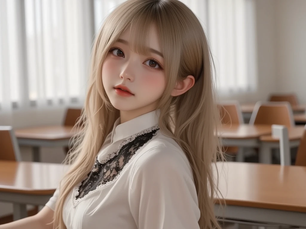((detailed face, cute face)), A blonde teacher is standing in front of a blackboard
