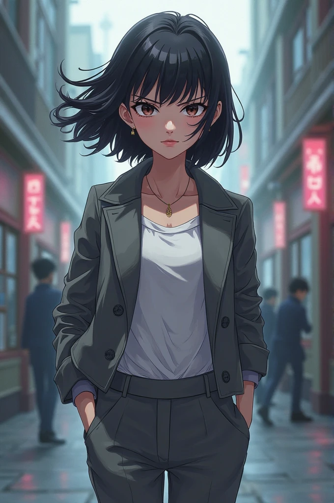 (Masterpiece:1.2), (Best quality:1.2), Perfect eyes, Perfect face, voluminetric lighting, 1girll, From above, top angle, Dramatic angle, mature female detective, Muscular, Hands in pockets, A MILF, Wet [Red|black] Hair, Short hair, Messy hair, pompadour cut, (long black trenchcoat), Buttoned shirt, Pants, belt, tiese, Concentration, Frowning, In the street, Tall building, Night, Neon signs, rain, grey sky, Dramatic lighting, lipstick, eye shadows, Thick eyelashes, Earrings