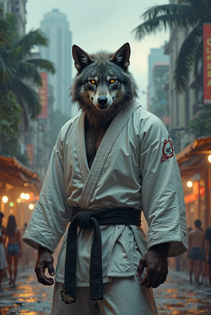 A macho wolf in a loose kimono in prison