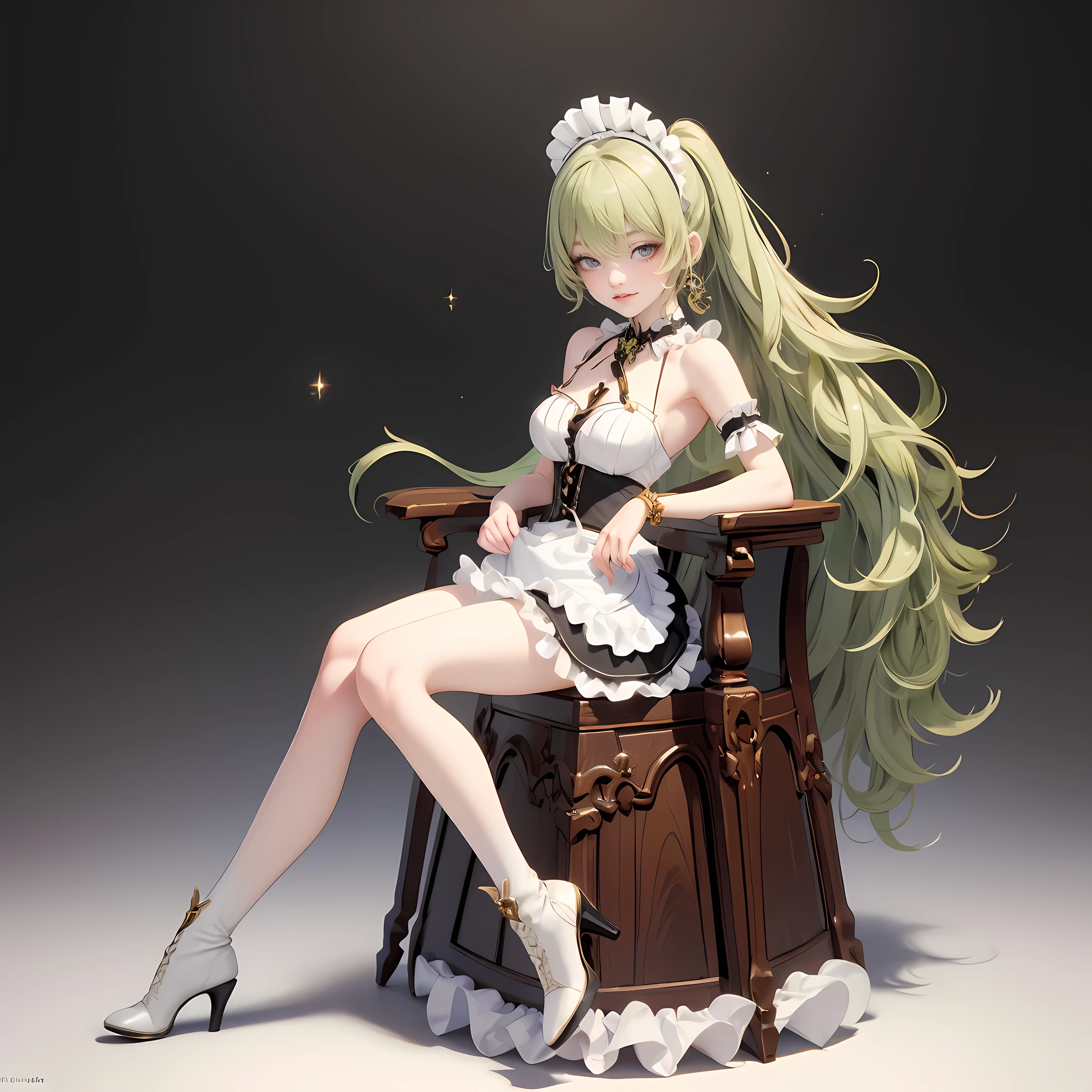 1girl, green hair, harness, black dress, solo, ponytail, ahoge, symmetrical gloves, harness, maid dress, collarbone, garter on the legs, stand up, white apron, maid dress, maid, streaked hair, thigh gap, harness, very long hair, solid background, maid uniform, full body, too many frills in her dress, magical girl, perfectly body, gold jewelry, harness, jewelry, Cute pose, beautiful ponytail, with big lips, freckles, glow eyes, long hair with long ponytail hair and bangs, perfect body, perfect hands, white boots, boots, frills, harness, maid uniform, maid dress, maid uniform, maid apron, garter on the legs, small skirt, lux dress, gold jewelry, solid background, best quality, blushing, maid uniform, maid headdress, maid dress with too many frills, ponytail, short skirt, sparkle, harness, centered girls, stand up, full body, glowing hair, magical girl, sparkles, more details on her clothes, golden details on her dress, harness, maid uniform