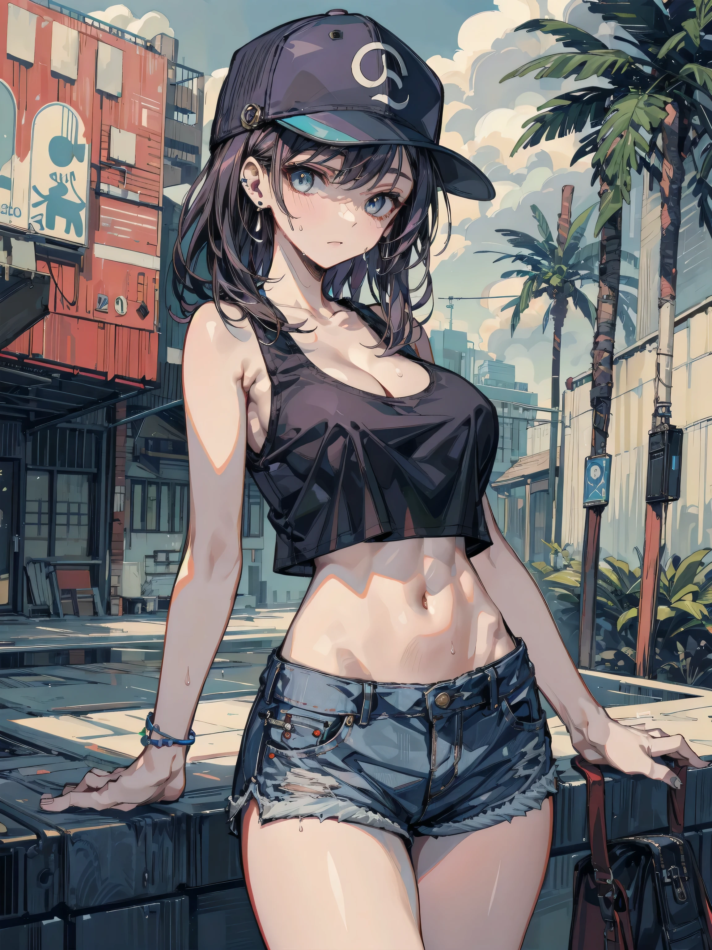 1girl, from the front, full body, dirty back alley, city, night, graffiti, gang, (brown hair, short hair, blue eyes:1), high heels, angry, frown, masterpiece, sports bra, thong, best quality, BLACKED, highly detailed, perky breasts, wide hips, big tits