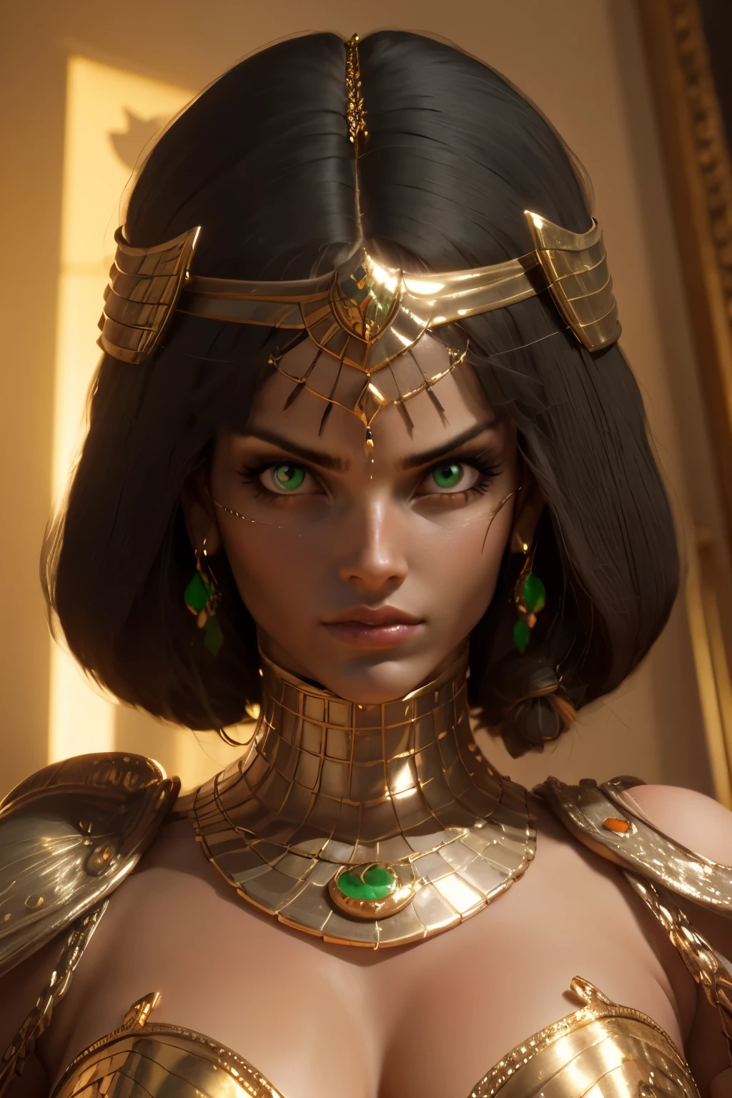 hyper realistic portrait shot of a beautiful egyptian queen, looking down proudly on the camera with her expressive green eyes, tanned skin tone , thin nose , black braided bob hair with golden accessories and jewelries , wearing a white see tough dress