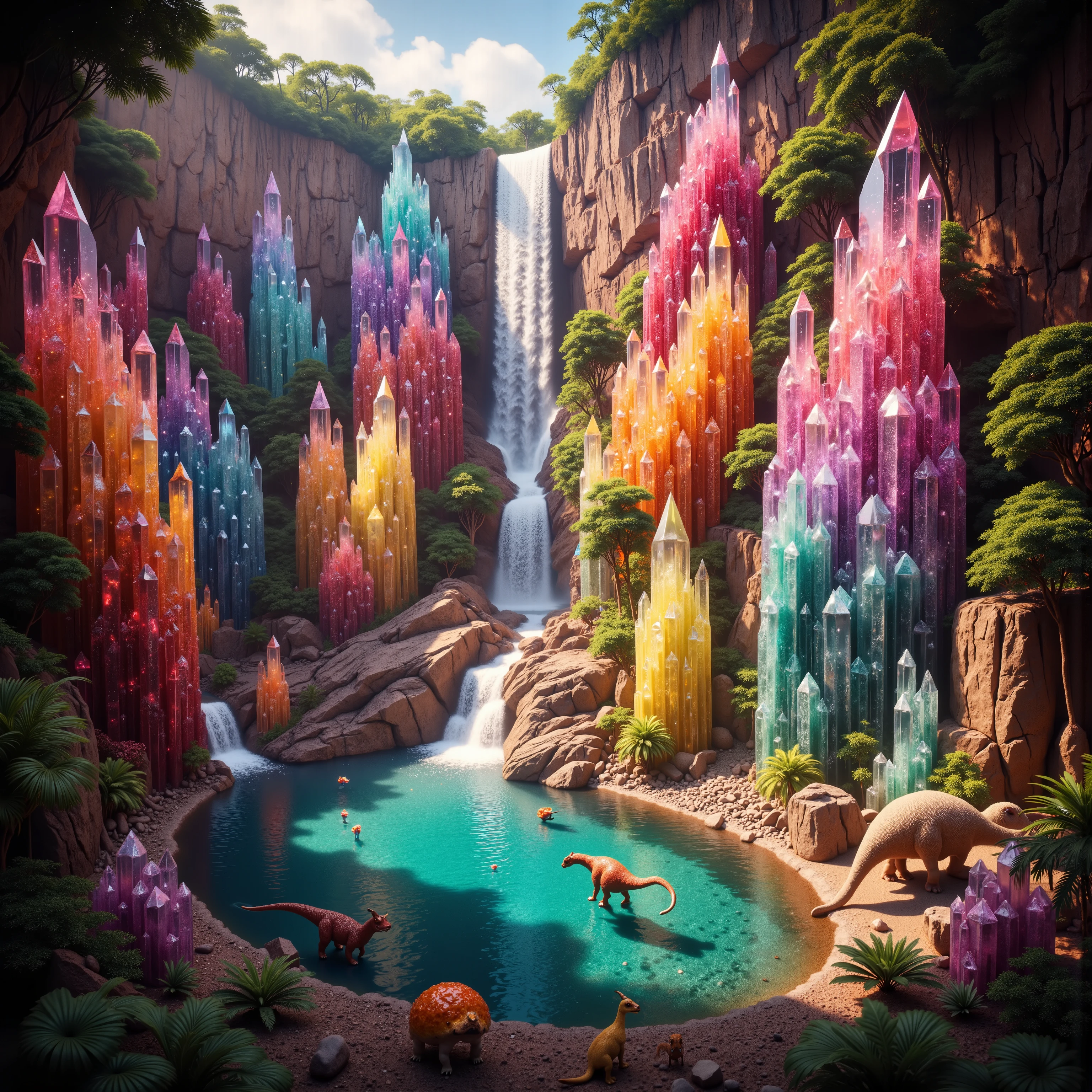 . A cliff that is 300 feet tall made up of gigantic quartz crystal points that are multicolored translucent pillars in a tropical rainforest. In the middle of these skyscraper sized quartz crystals is an incredible gushing cascading waterfall that pours into a beautiful lagoon that is lined with smaller quartz crystals 20 to 40 feet tall. In hues of Pink, Red, Orange, Yellow, Green, Blue, and purple, there are hundreds of quartz crystal formations pointing up and making up the walls of the inside of the cliff and protruding from the perimeter of the lagoon. Be sure that they are partially translucent and radiate color in the bright full sunlight. In this Full Sunlight we see dinosaurs down in the lagoon drinking. There are hundreds of giant quartz crystals in and on the cliffs, in the inside edges of the lagoon, and around the waterfall. Dinosaurs' eyes are calm and clear. No red eyes! No glowing eyes! There are other animals and birds everywhere. Giant insects are all over the place, too. Prehistoric life in its natural form. A jungle with life in every direction. Anatomically Correct Size and Proportion of the dinosaurs. Breathtakingly beautiful, stunning, Awe Inspiring, An Awesome Site! If you get it right! 8K Octane, Action Painting, Cinematic, Cinematography, Conceptual Art, Digital Art, Fujicolor, Ultra-realistic Photorealistic, Portrait Photography, Surrealism, Unreal Engine, Sparkle on crystals, Cinematic Lighting, Glowing Light, Reflection Light, Ray Tracing, God Rays, Perspective: up close, macro photography, Ultra bloody and gorey, UHD, Super Detailed, Best Quality, Award Winning, Masterpiece