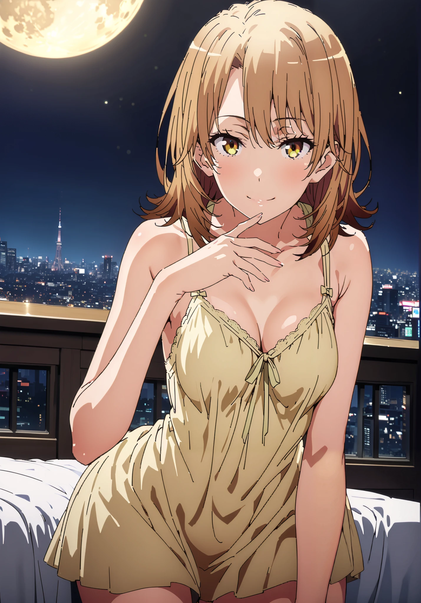 Irohaisshiki, Isshiki Iroha , short hair, black cock, brown eyes,narrow your eyes,Medium breast,Chest Valley,smile,close your mouth,Yellow see-through nightgown, sleeveless,yellow string panties, Bare legs,bed,Interior,moon,mysterious, beautiful night view with depth,Beautiful cityscape,full bodyがイラストに入るように,break indoors, bedroom,
break looking at viewer,full body,
break (masterpiece:1.2),best quality , kampala, Unity 8K Wallpaper ,(shape:0.8),( fine, beautiful eyes :1.6),It's a person ,full body写真,CG Details , (perfect hands,complete anatomy),