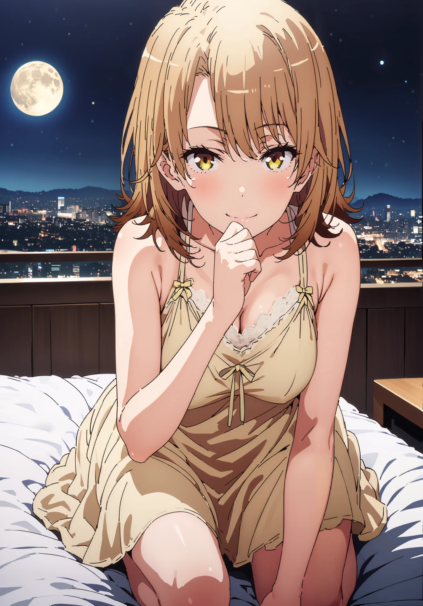 Irohaisshiki, Isshiki Iroha , short hair, black cock, brown eyes,narrow your eyes,Medium breast,Chest Valley,smile,close your mouth,Yellow see-through nightgown, sleeveless,yellow string panties, Bare legs,bed,Interior,moon,mysterious, beautiful night view with depth,Beautiful cityscape,full bodyがイラストに入るように,break indoors, bedroom,
break looking at viewer,full body,
break (masterpiece:1.2),best quality , kampala, Unity 8K Wallpaper ,(shape:0.8),( fine, beautiful eyes :1.6),It's a person ,full body写真,CG Details , (perfect hands,complete anatomy),
