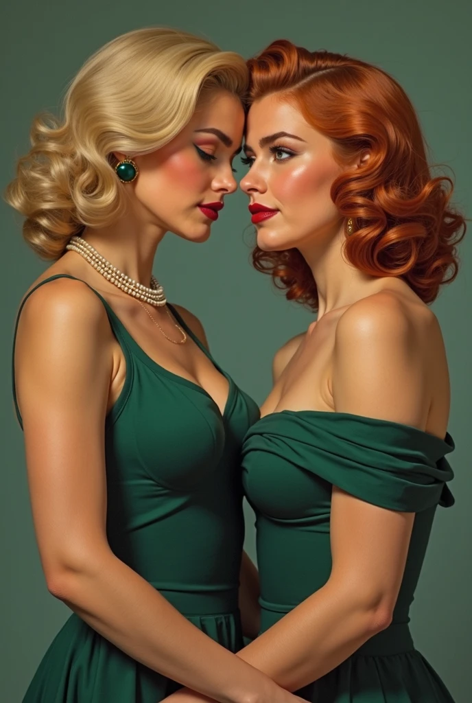 Two young pin up women with curly red and blonde hair, wearing tight, revealing teal and peach dresses, holding champagne glasses, posing against a dark background, She has dark curly hair, creating a mysterious and sexy image. Model with pin-up hairstyle "victory rolls" and curly bangs. Her plump red lips make her look sexy. She has a large breast size. Wearing a green top She pretends to be a pin-up model, posing in various sexual positions. on a white background, on the legs - red stockings. The photo is made in pin-up style, emphasizing the retro-USA vibe. Her lips are folded into a bow, she blows a kiss, adding a special charm to photos. her mouth is open she is laughing open mouth surprise holding a washcloth in her hand
