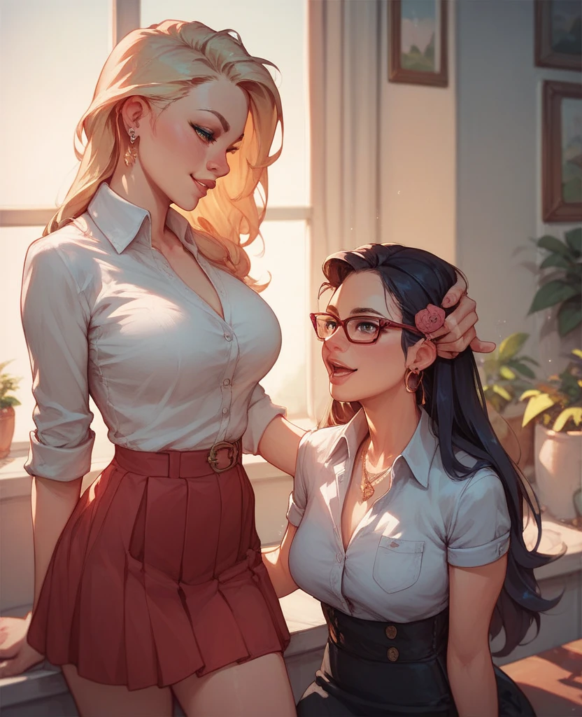A very beautiful brunet, sexy woman,(bad face:1.5, angry), wearing a sexy button-up shirt white, cleavage, medium breast, pantyhose sexy, red checkered micro skirt, very gorgeous body, sexy pose, (((pov blowjob, view from above))), in the classroom, spreading legs, green sexy eyes, eyeglasses, lipstick, eyelash, full body view.