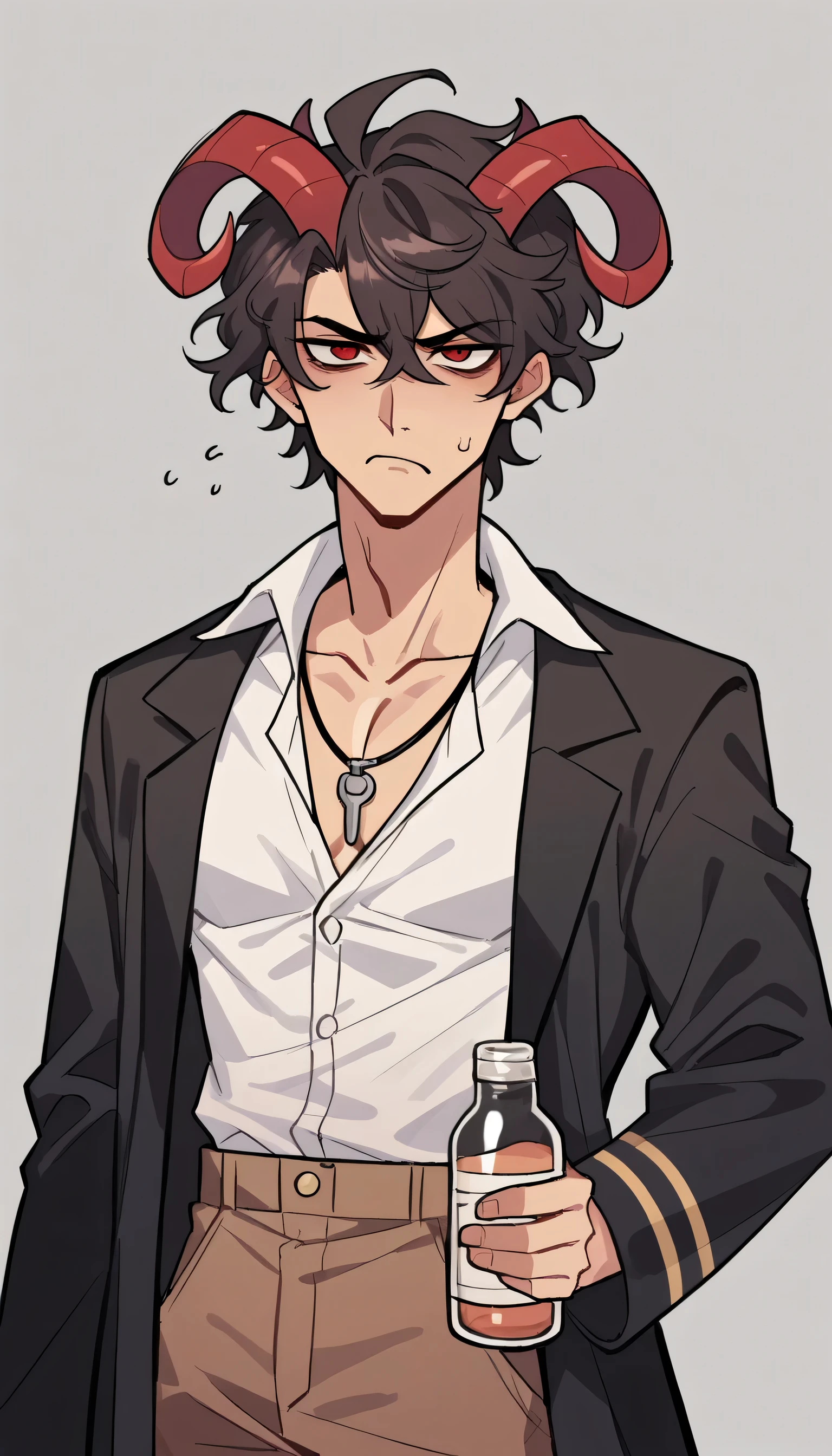 better quality, very detailed illustration , 1 boy, delgado, male body, strong jaw, broad shoulders , simple drawing, Artifyber style , pastel flat colors , red eyes, parted fluffy curly hair, side part in hair, ram demon horns, black trench coat, slightly unbuttoned white button up shirt, scowling, tired expression, necklace, brown pants, holding bottle