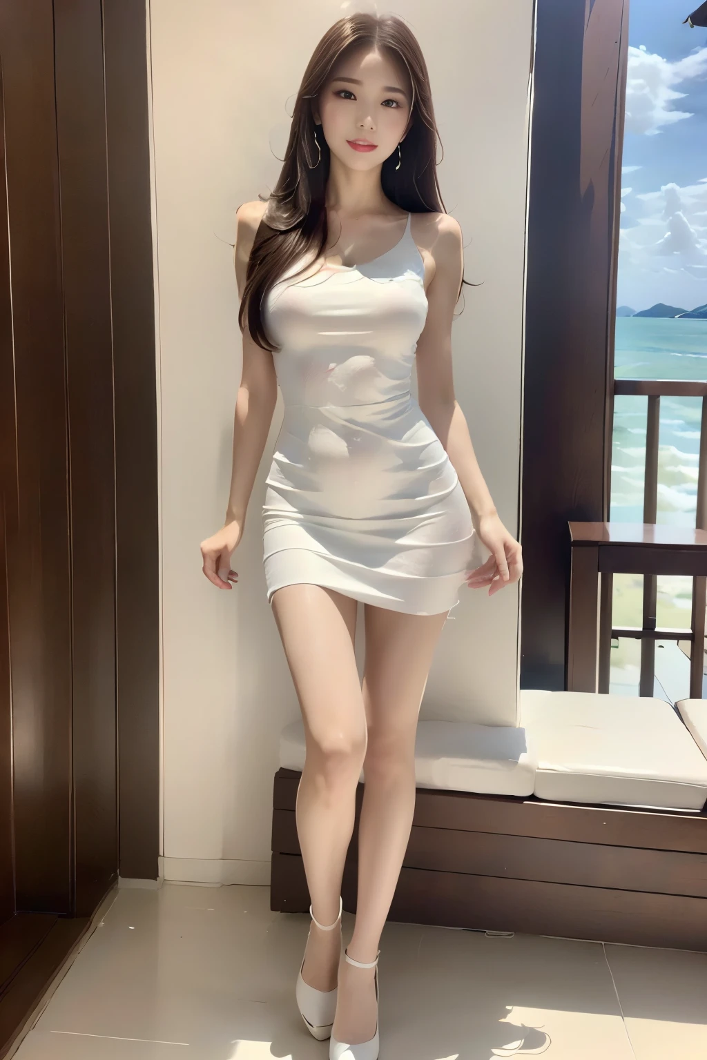 (8k、RAW Photos、Highest quality、masterpiece:1.2)、(Realistic、Realistic)、1 Girl、((Completely naked:1.2、Thin legs、whole body、View from the front、smile、Looking into the camera、Stand with hands on hips))、cute