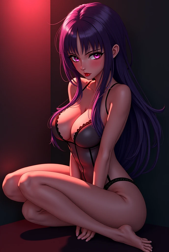 anime girl with cat ears and red lingerie posing for a picture, seductive anime girl, hyperrealistic , beautiful alluring anime woman, 3d anime girl, attractive anime girl, seductive. highly detailed, anime highly detailed, , beautiful alluring anime teen, anime girl, a hyperrealistic , photorealistic anime girl render, yuri, cleavage, Mesmerizing eye contact, wooden floor, realistic, black hair, Watercolor touches, glitter lingersuit, amber eyes, big_natural_breasts, sagging_breasts, medium_breasts, Busty Milf, kneeling_forward, large_breasts, nsfw, luminescent red paint, night sky, full moon, hand on own head, waterfall, bioluminescent violet hair, niples