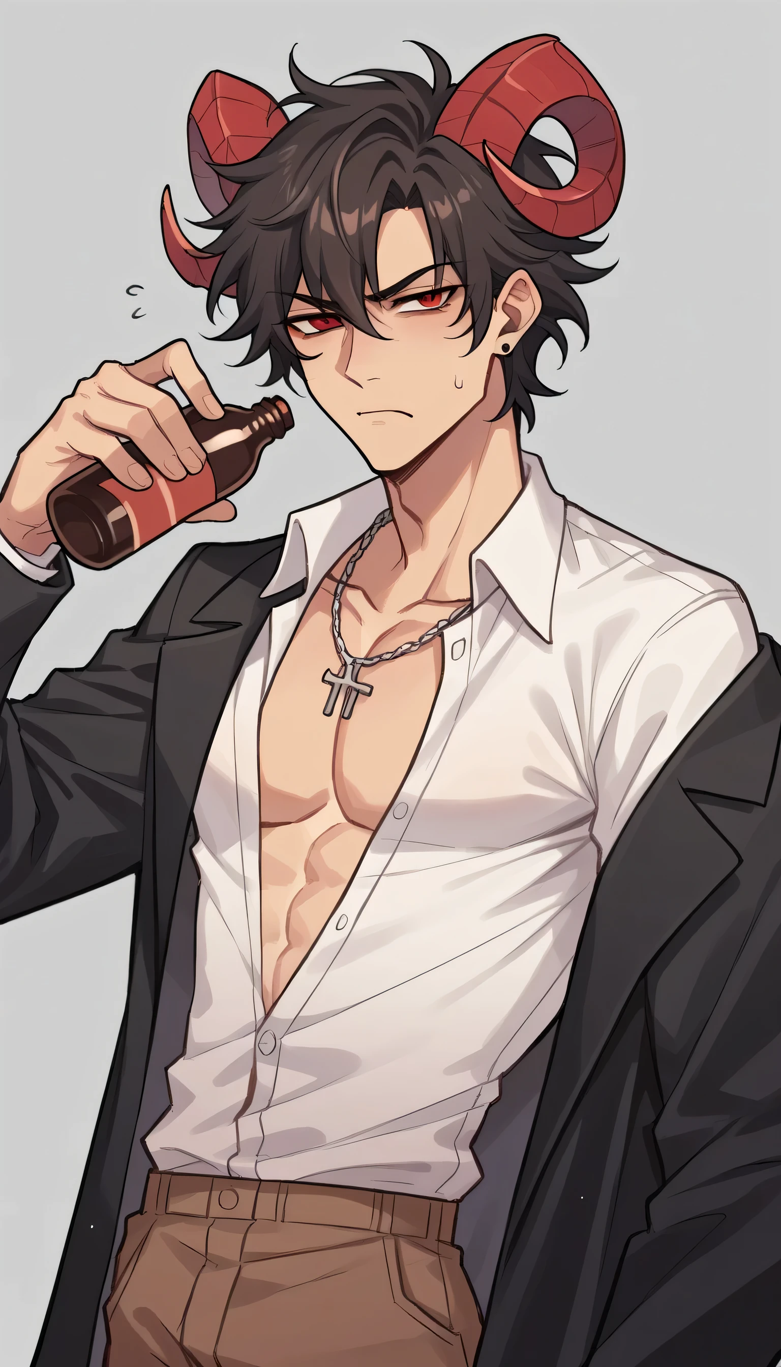 better quality, very detailed illustration , 1 boy, delgado, male body, strong jaw, broad shoulders , simple drawing, Artifyber style , pastel flat colors , red eyes, parted fluffy curly hair, side part in hair, ram demon horns, black trench coat, slightly unbuttoned white button up shirt, scowling, tired expression, necklace, brown pants, holding bottle