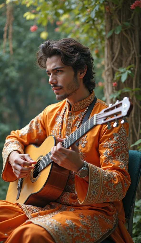 God-sheltered love,(Realism: 1.4), Best quality, Masterpiece, Male, Slim, Muscular,, Fair skin, Long gray curly hair, Red eyes, Smile, Bard, do not disturb, Lute on the back